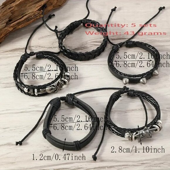Leather Bracelet Cuff 5pc Black Skull Bullet Wrist Rock Edgy Goth Grunge Biker - Picture 4 of 4